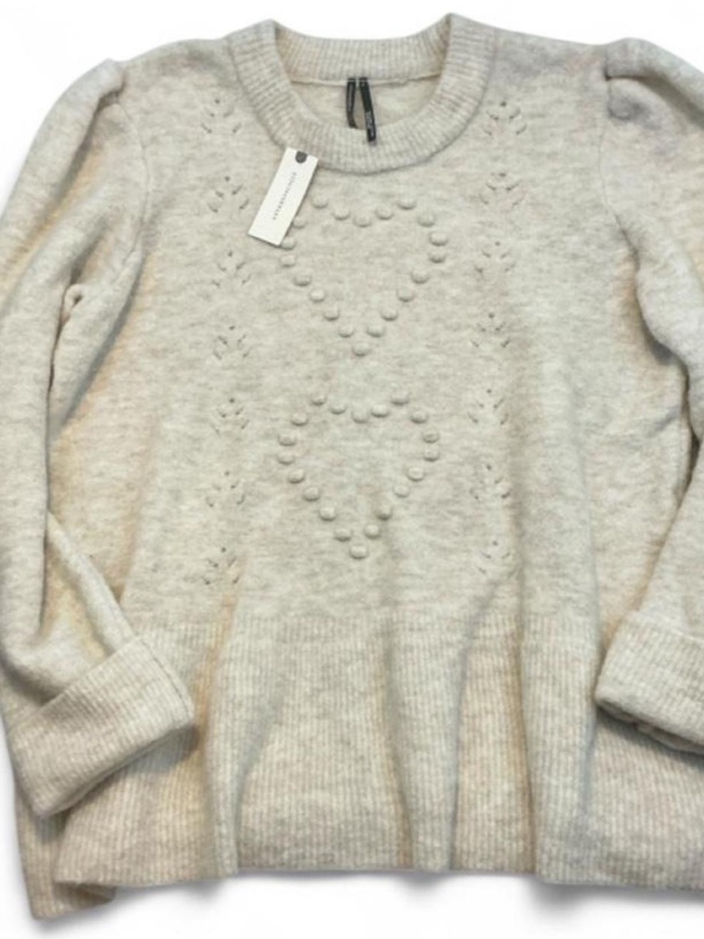 Anthropologie Cream Heart-Textured Crewneck Sweater